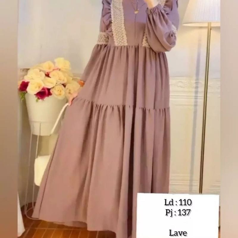 Fashion Wanita Gamis Crinkle Olivia Dress Baju Gamis Remaja Aplikasi Renda Lengan Balon Baju Wanita Kekinian