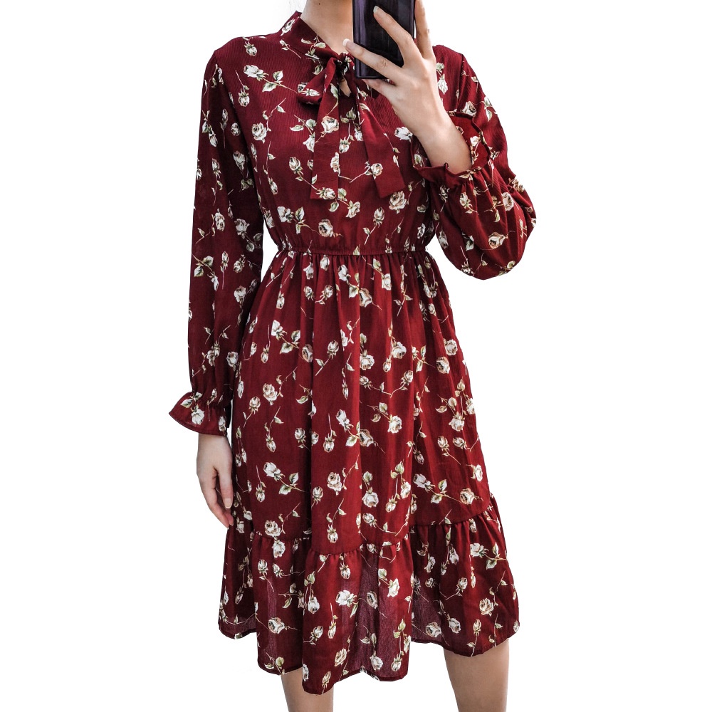 COD 2022 New Fashion Korea Red Blue Midi A-line Dress Merah Wanita Midi Dress Korea Lengan Panjang Muslimah Motif Bunga Panjang Gaun