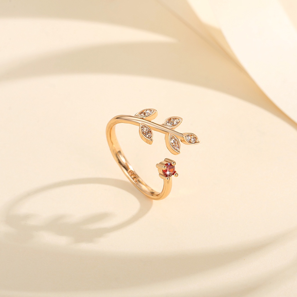 Y689 【COD】 Bentuk Leaves Cincin Terbuka Berlian Baja Titanium Emas Kristal Perhiasan Fashion Wanita