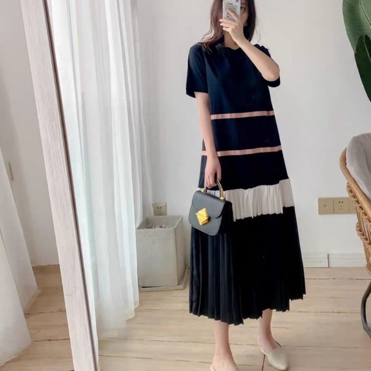 83810 Baju Midi dress DROP WAIST loose hitam Korean style lengan pendek cewek import fashion remaja 