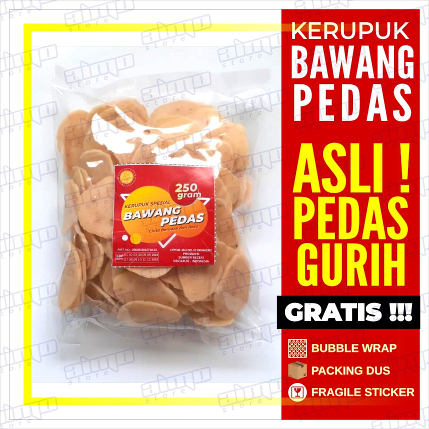 

KERUPUK BAWANG PEDAS Kerupuk PUTIH Rasa Bawang Pedas Mentah Rasa Enak Gurih Renyah Asli Khas Sidoarjo Kemasan 250 gr