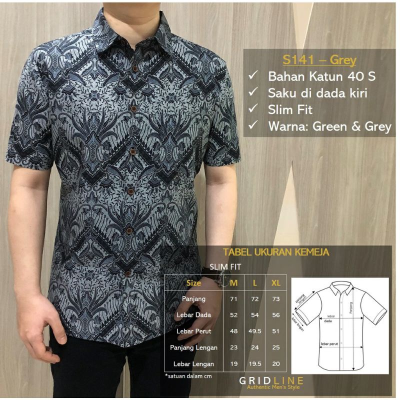 GRIDLINE - S141 Green & Grey - Kemeja Batik Slimfit Pria Katun Lengan Pendek Match Keren Modern