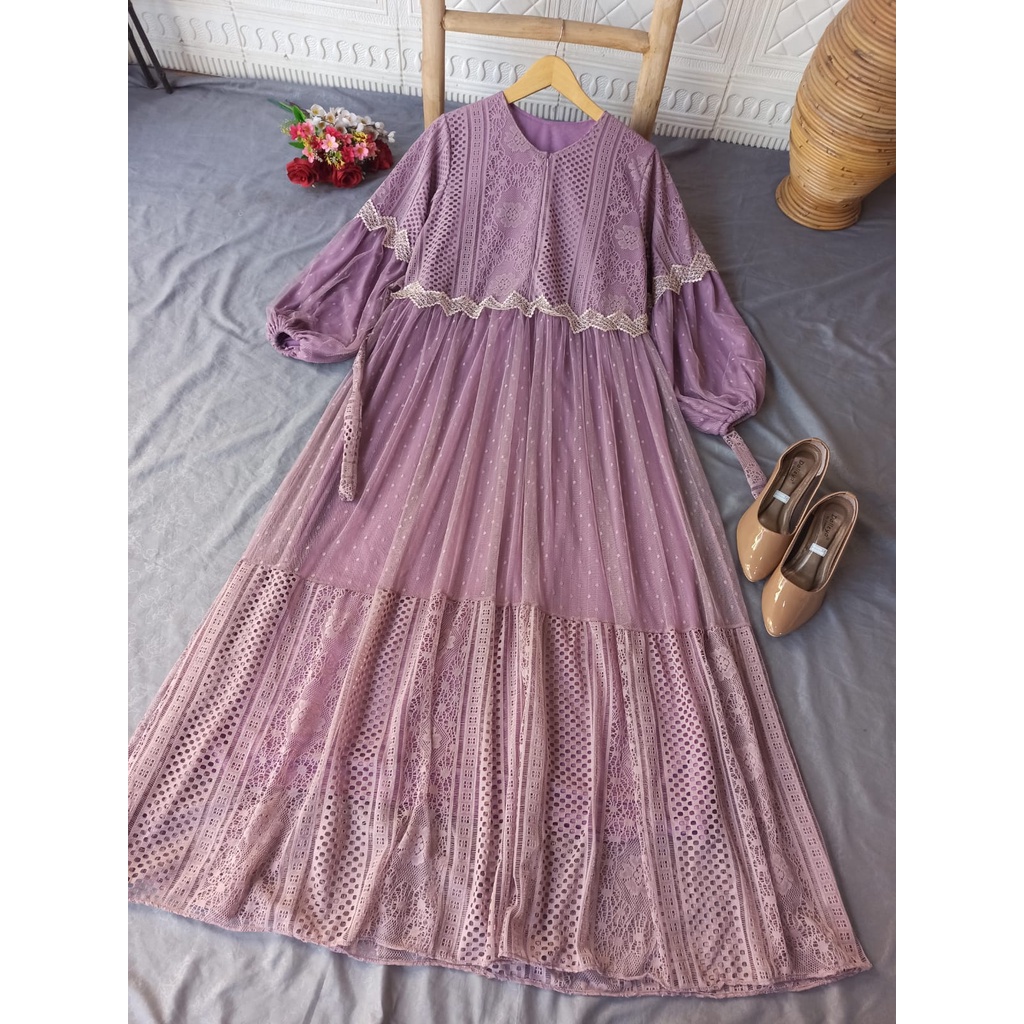 GAMIS BURKAT MIX TULLE DOT FULL FURING MAUDY DREES /COD/gamis pesta/gamis kondangan/gamis bridesmaid