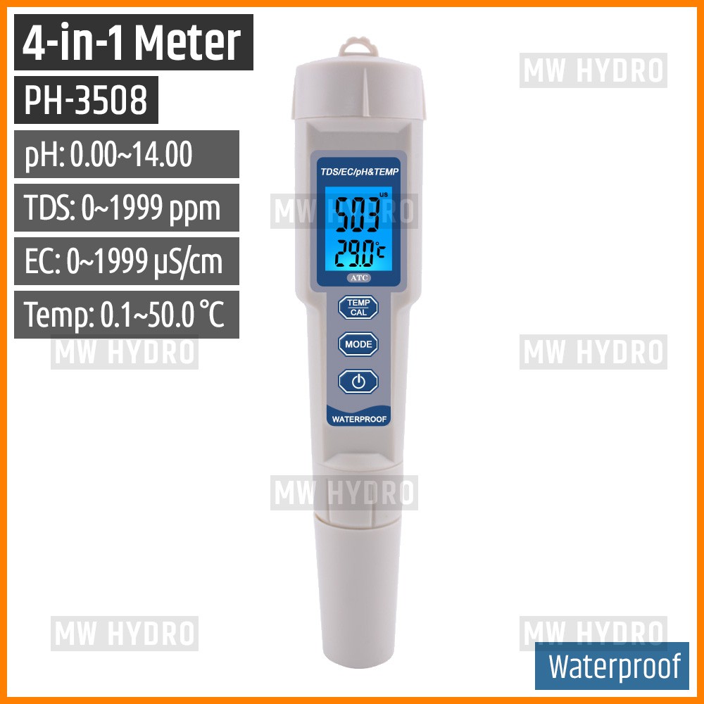 PH TDS EC Temperature, 4-in-1 Meter, Waterproof Backlight, PH-3508