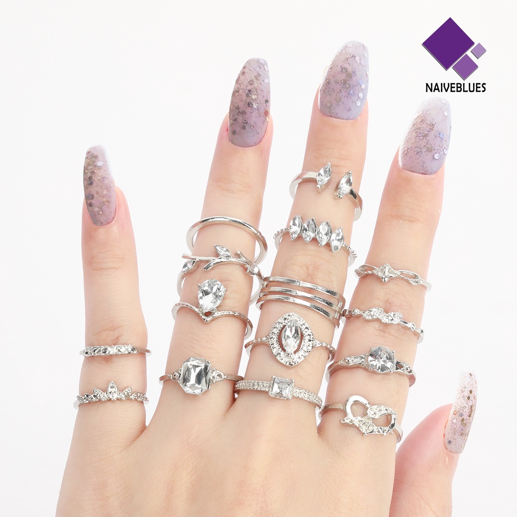 15pcs / Set Cincin Berlian Imitasi Stackable Gaya Bohemian Untuk Wanita