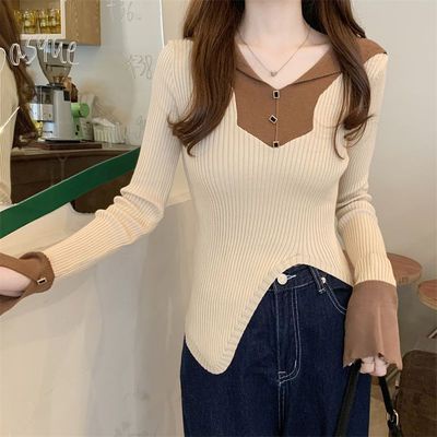 Baju Rajut Wanita Lengan Panjang V-neck Panel Atasan Wanita Terbaru