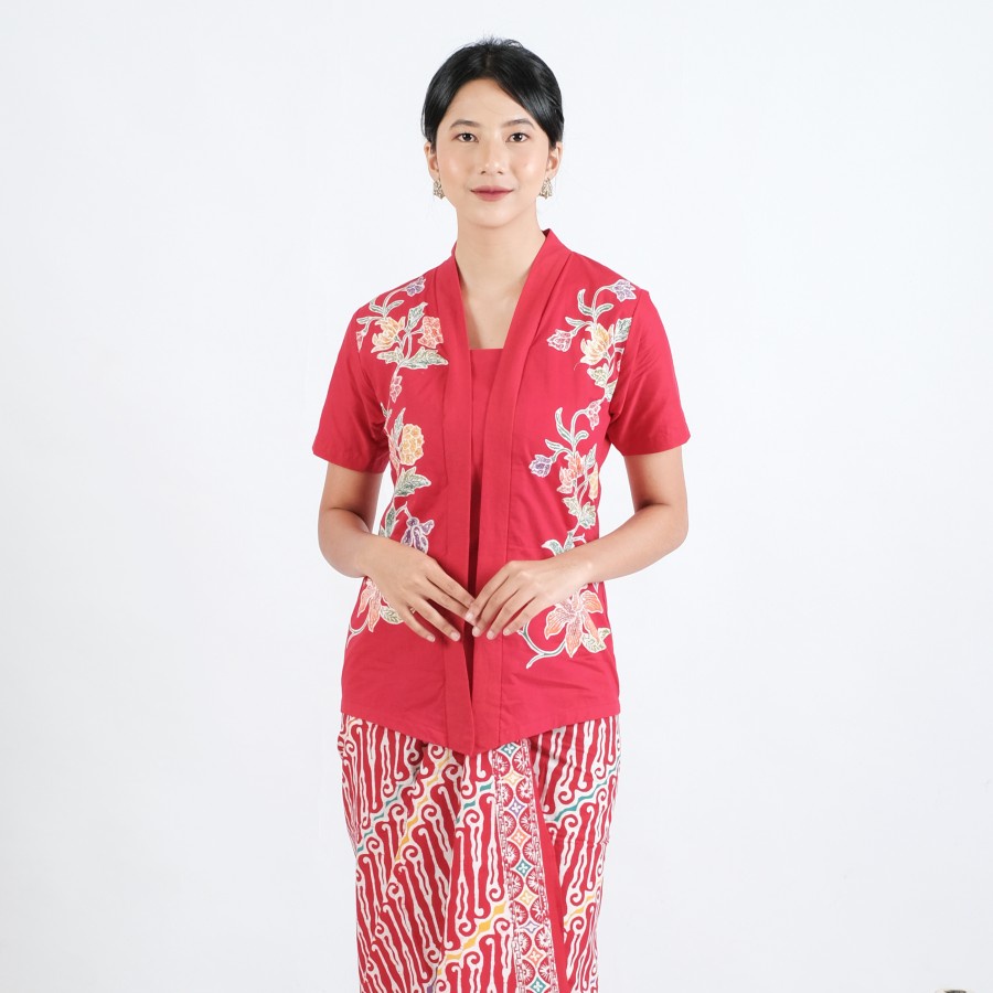 Kebaya Batik Encim Malia Lengan Pendek Meradelima Katun Merah