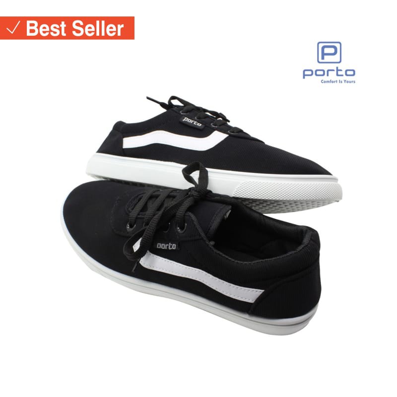 SEPATU SNEAKRES UNISEX SPORT FASHION KEKINIAN  / Porto - Sepatu Sneakers Pria Cowok Hitam Simple