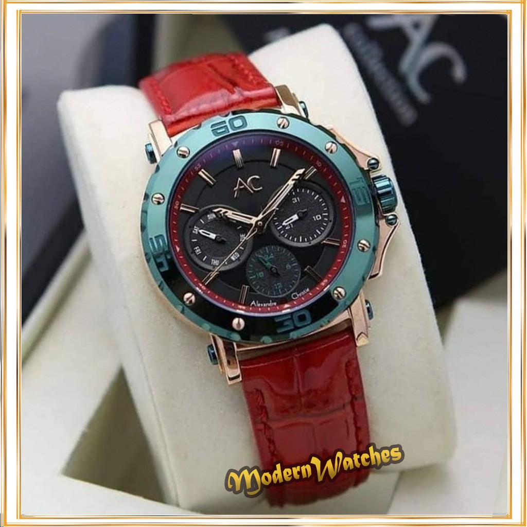 Jam Tangan Ori Alexandre Christie AC 9205 Tali Kulit Wanita Sporty Terbaru Red Green Merah Hijau