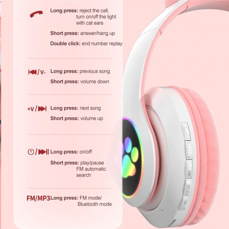 Headphone kuping kucing bando wireless bluetooth cat ear LED light rechargeable warna macaron anak