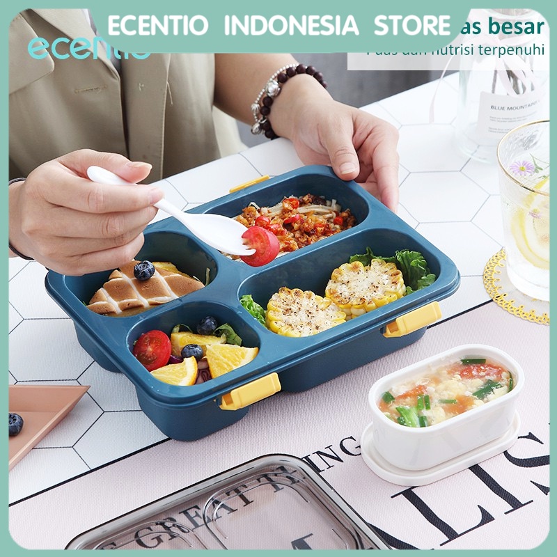 ecentio kotak makan 1300ml siang empat kotak/gratis kotak sup + sendok/4 gird lunchbox tahan bocor