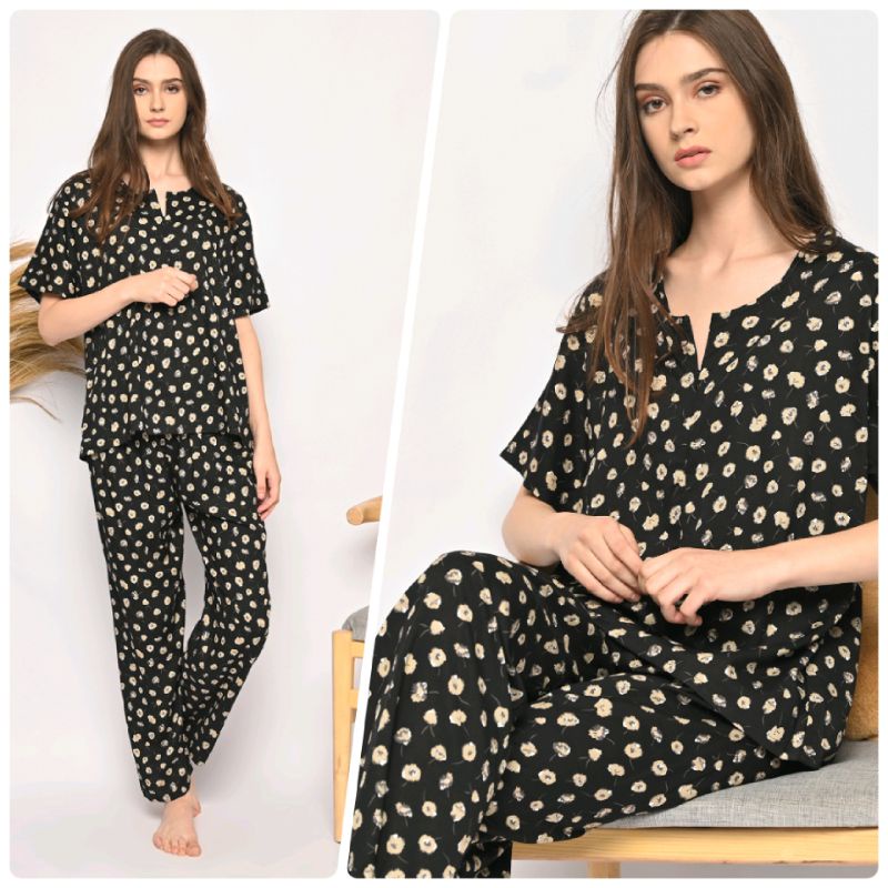 ONE SET PIYAMA RAYON-CPJ SLTG BUNGA ITAM