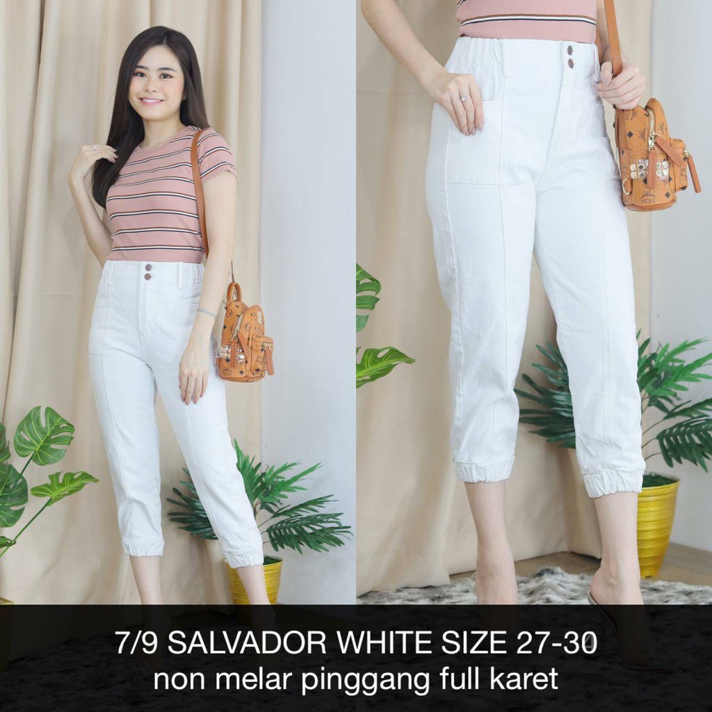 CELANA JEANS WANITA 7/9 SALVADOR WHITE SIZE 27-34 NON MELAR PINGGANG FULL KARET
