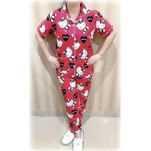 BJ - Piyama CP Wanita Murah - Bahan Katun - Baju Tidur Lengan Pendek Motif Karakter-HK New Love Merah