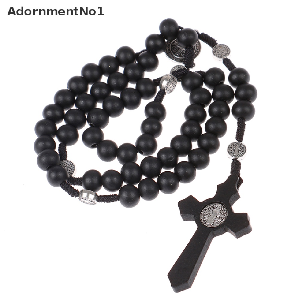 (AdornmentNo1) Kalung Rosario Manik Kayu Hitam Pendan Salib Yesus Gaya Antik