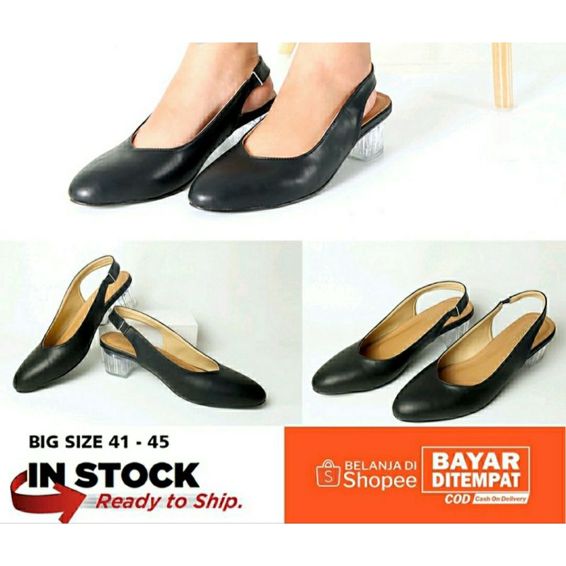 COD / Sepatu Heels Kaca Big Size 41-45 / Pantofel ZV-1 Semi Formal Ukuran Besar JUMBO Hitam Kulit, 44