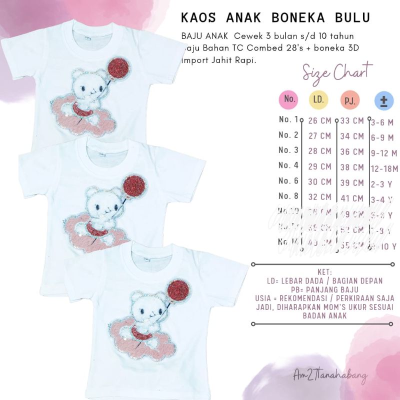 BAJU KAOS ANAK BONEKA BULU-BEAR 3 bulan s/d 6 tahun Merk AM27