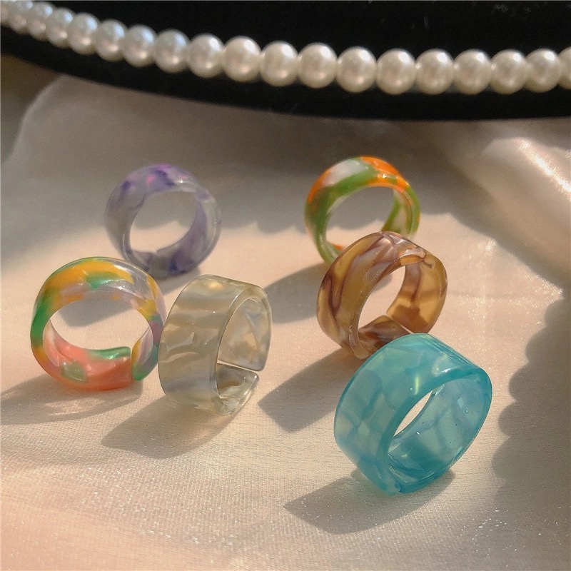 AY(CN) Korean Colorful Resin Ring Set Fashion Transparent Diamond Finger Rings Jewelry Accessories