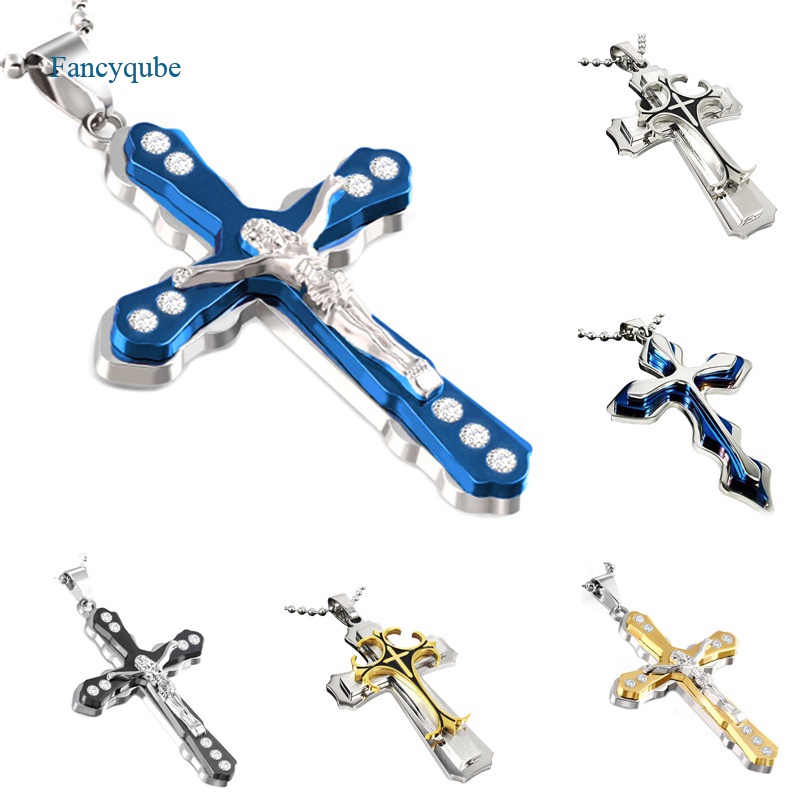 Fancyqube 1pc Kalung Liontin Salib Yesus Bahan Stainless Steel Warna Silver / Gold / Hitam Hias Kristal Zirconia