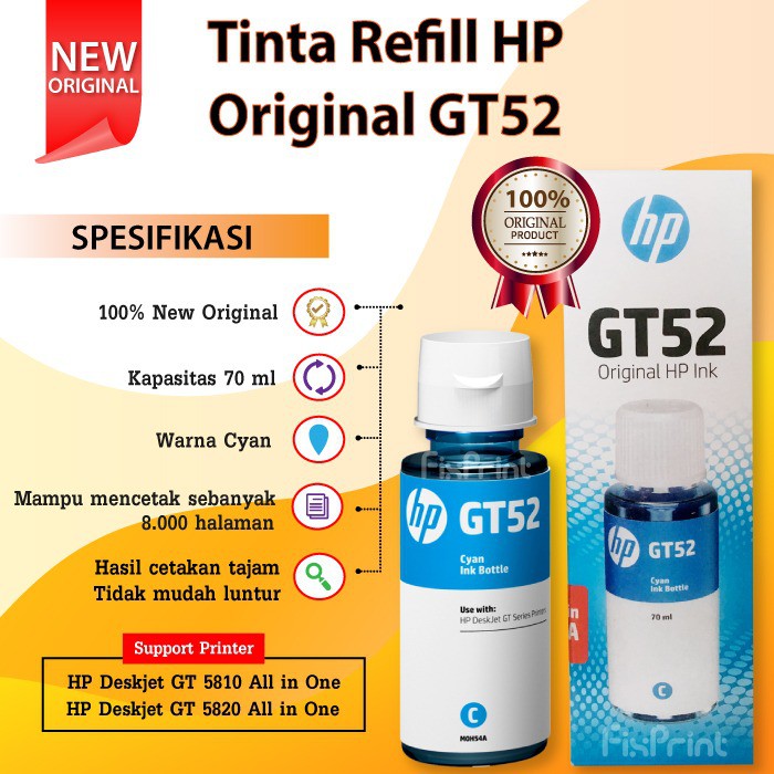 Tinta HP Original GT52 Cyan M0H54A 70ml,   Murah