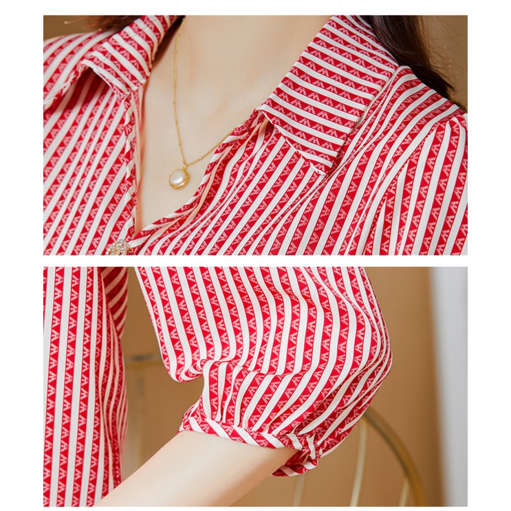 COD 2022 New Fashion Korean Style Red Black Stripes Women Blouse Summer 3/4 Sleeve Length Shirts Tops 2023t Kemeja Korean Style Wanita Kemeja Kerja Wanita