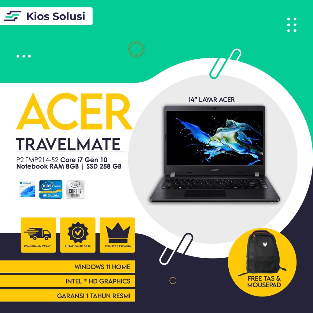 ACER TravelMate P2 Notebook TMP214-52 core i7 Gen 10 8GB RAM 256GB SSD