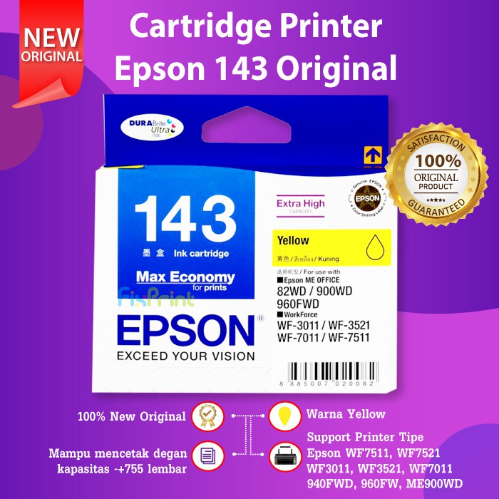 Epson 143 T143 Cartridge Tinta Original Printer WF-7511 WF7011 WF-3521 WF7511 WF3521 ME-900WD 960FWD