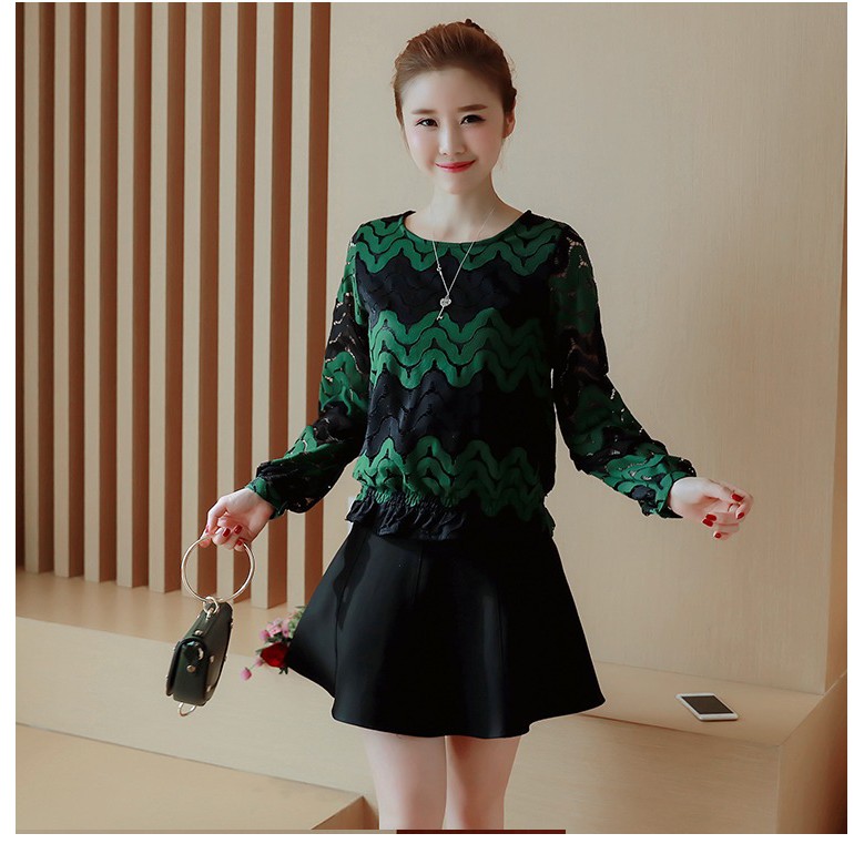 Blouse Brukat Import Korea Atasan Wanita Brokat Lace Lengan Panjang Merah & Hijau TF34931