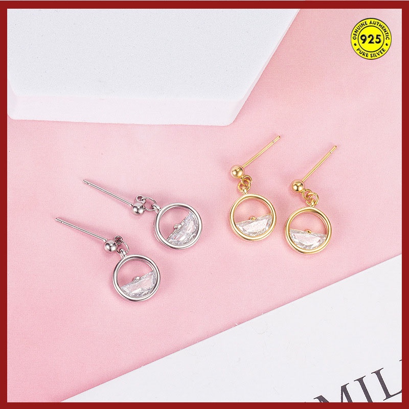 Anting S925 Sterling Silver Bentuk Setengah Lingkaran Geometris Aksen Berlian