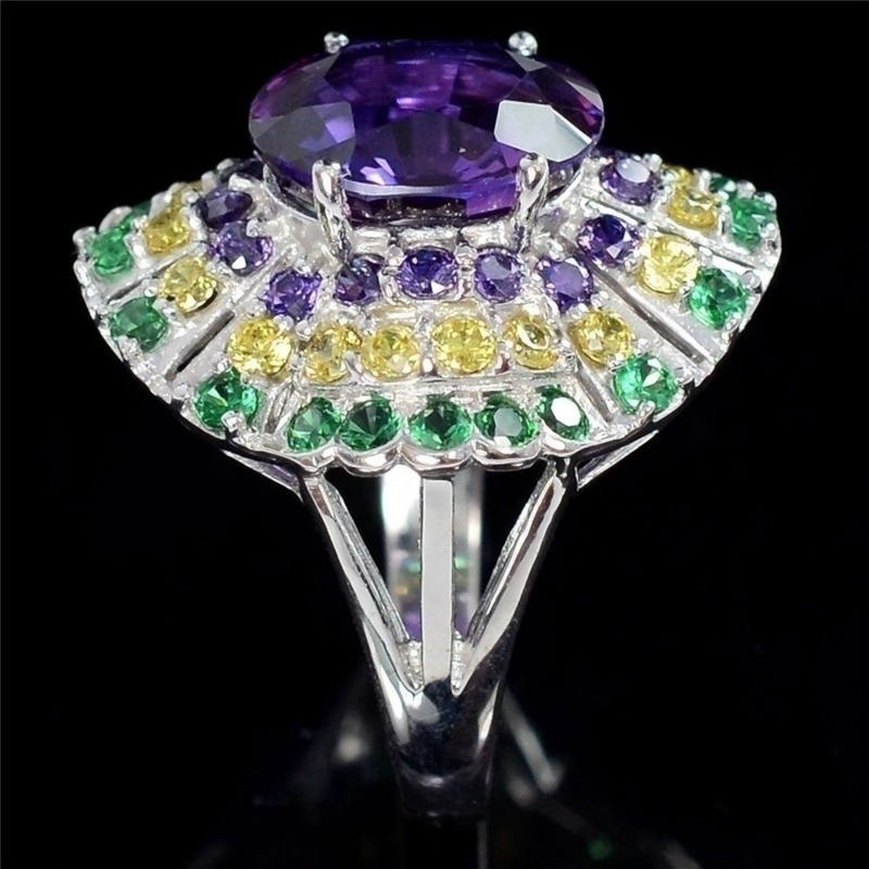 SeuSuk Natural Amethyst &amp; Topaz &amp; Emerald Wedding Birthstone Bride Fashion Ring