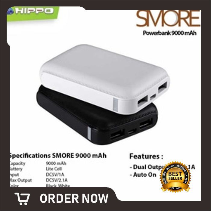 Hippo Smore Series 9000 mAh Power Bank - Kapasitas Besar, Warna Putih/Hitam