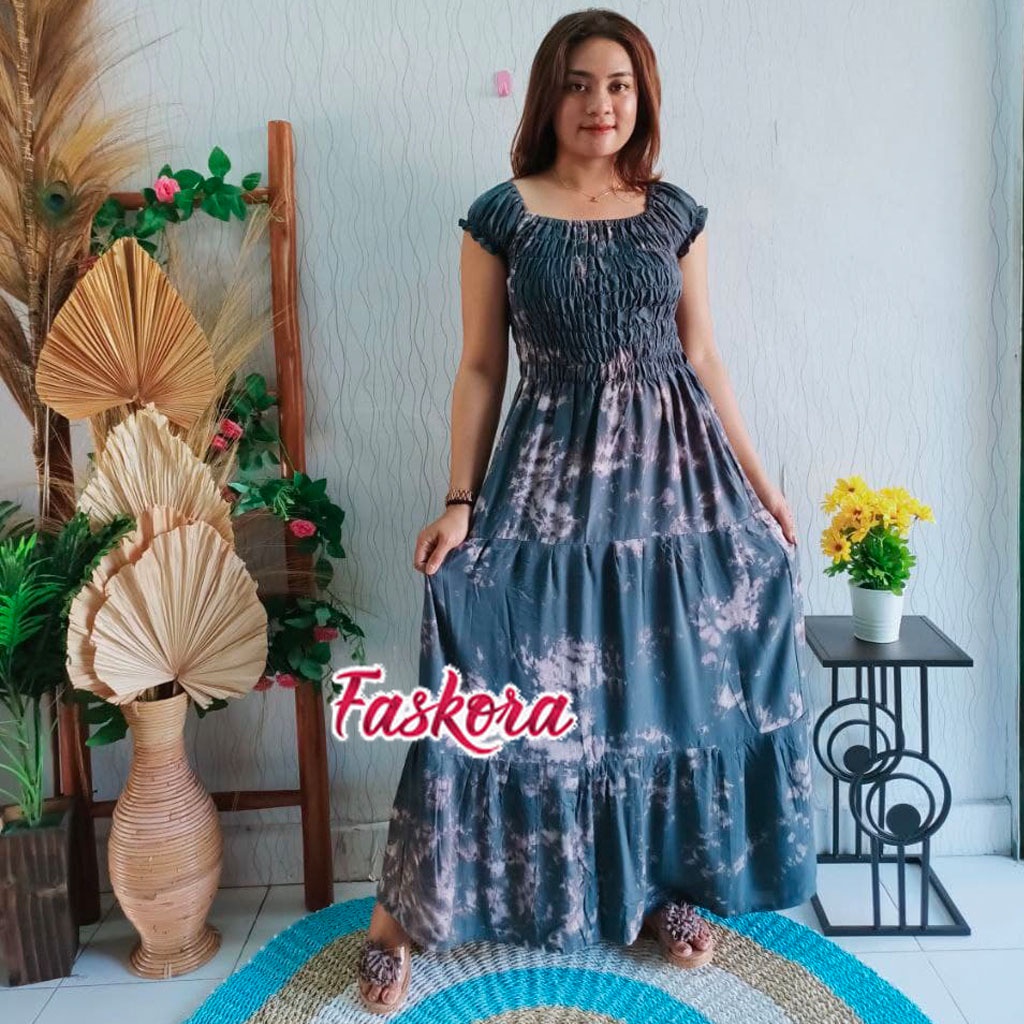 Bohemian Dress Big Size Dress Tie dye Wanita Panjang Dres Casual Dress Maxi Dress Lengan Pendek