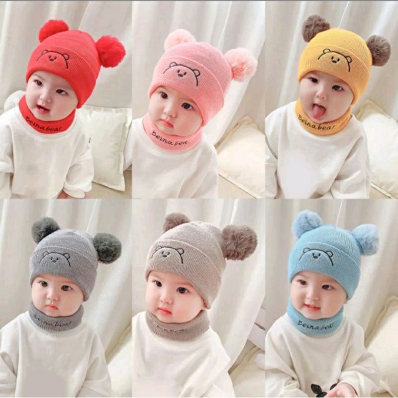 Topi Kupluk Anak Pompom Rajut Anak Bordir Panda Kupluk Anak Laki Laki Perempuan Usia 0-3 Tahun Kuplu