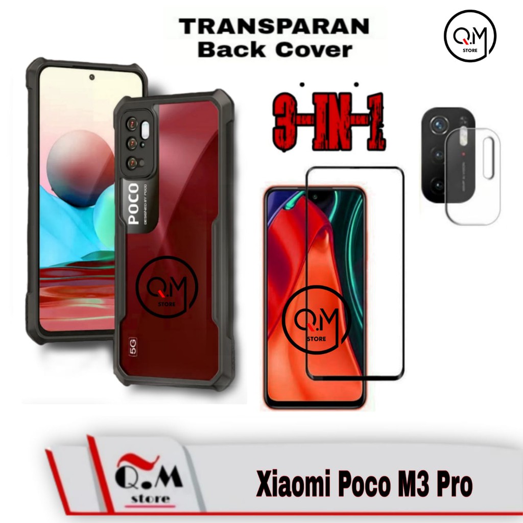 PROMO 3-IN1 Case XIAOMI POCO M3 PRO Softcase TRANSPARAN Paket 3 IN 1 +Temperedglass+Camera+Garskin