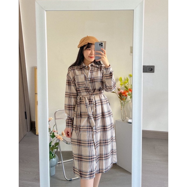 KANON - Iwa Flannel Dress - Dress kemeja midi flannel dengan belt