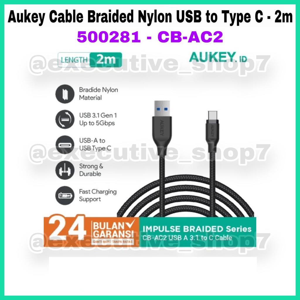 Aukey Cable 2M USB to Type C Braided Nylon Black - SKU : 500281