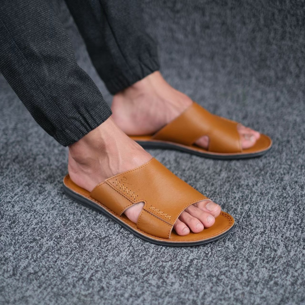 Sandal Kulit Sapi Asli Slide Pria Casual Formal Pesta Kondangan Original Barlin Gaya Kekinian Terbaru Trendy Murah Terlaris Coklat Hitam Tan