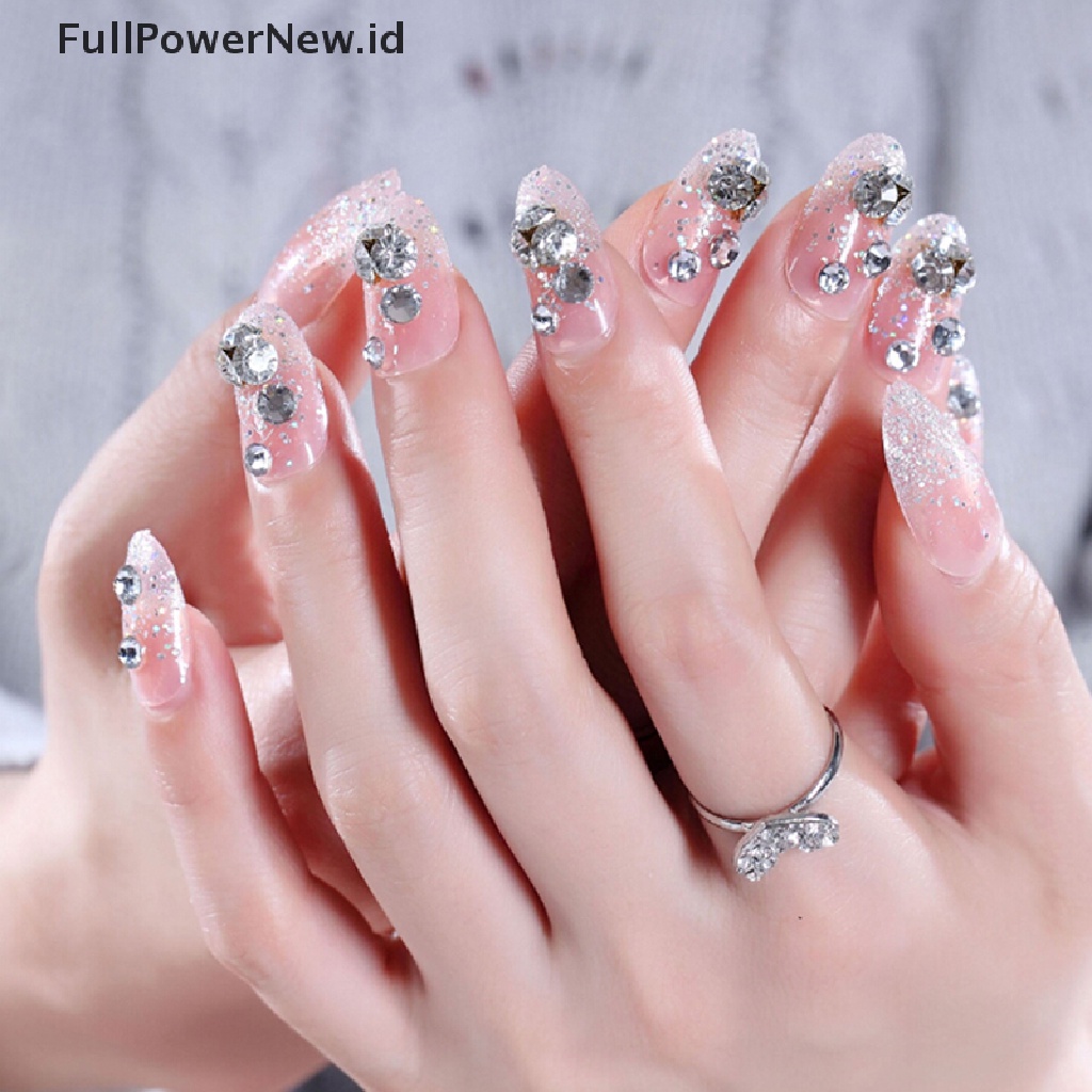 24 Pcs Kuku Palsu 3d Warna Pink Transparan Aksen Berlian Imitasi Dengan Lem Untuk Pengantin