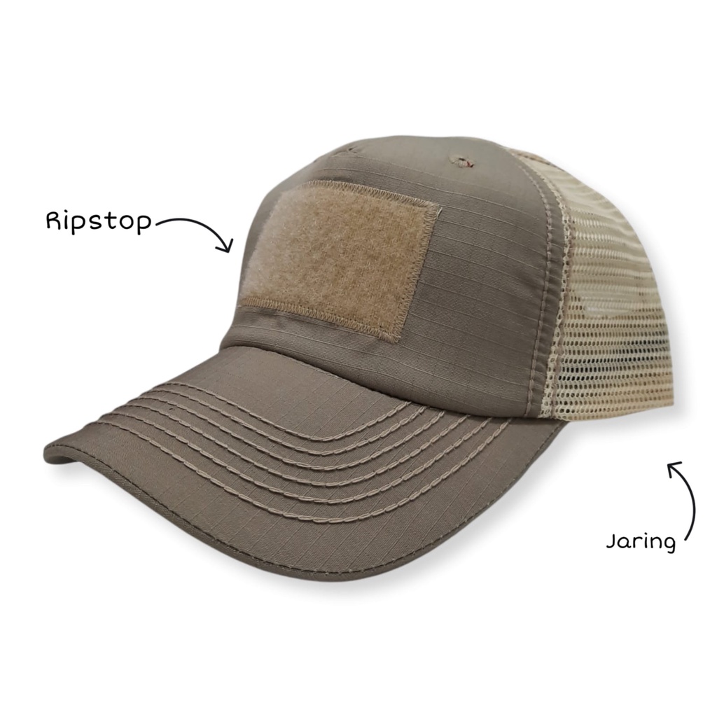 Topi Tactical / Perekat Ripstop Kombinasi Jaring Krem, Hitam, Hijau Olive, Abu tua