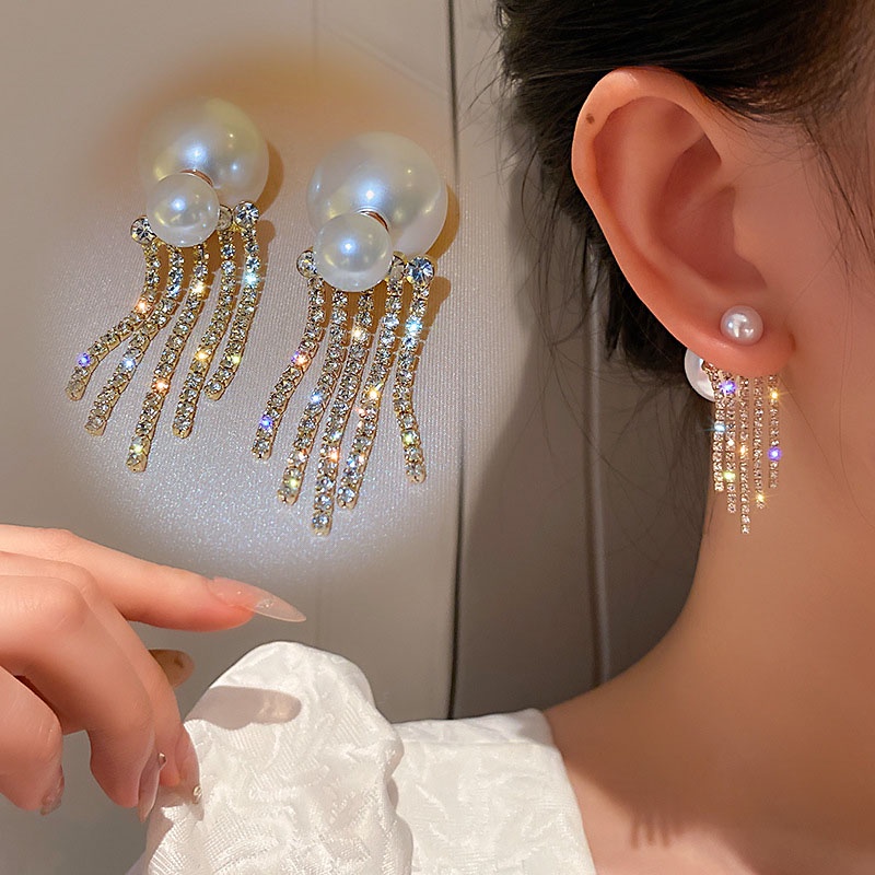 Anting Tusuk Gantung Statement Hias Mutiara + Berlian Untuk Wanita