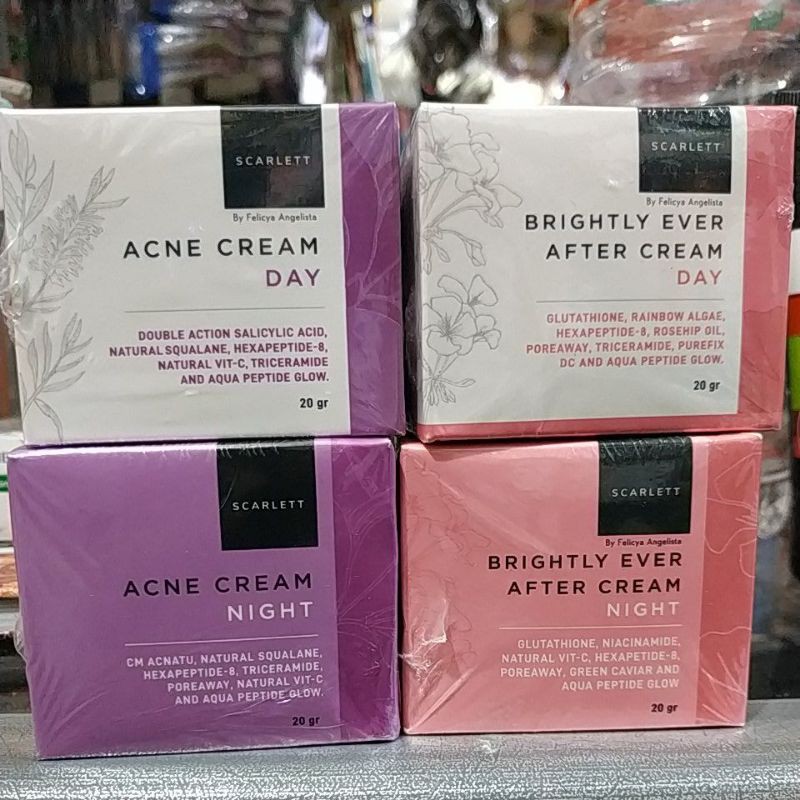 Scarlett Brightly Ever After Acne Cream Day Night Krim Wajah Siang Malam Normal Berjerawat Original