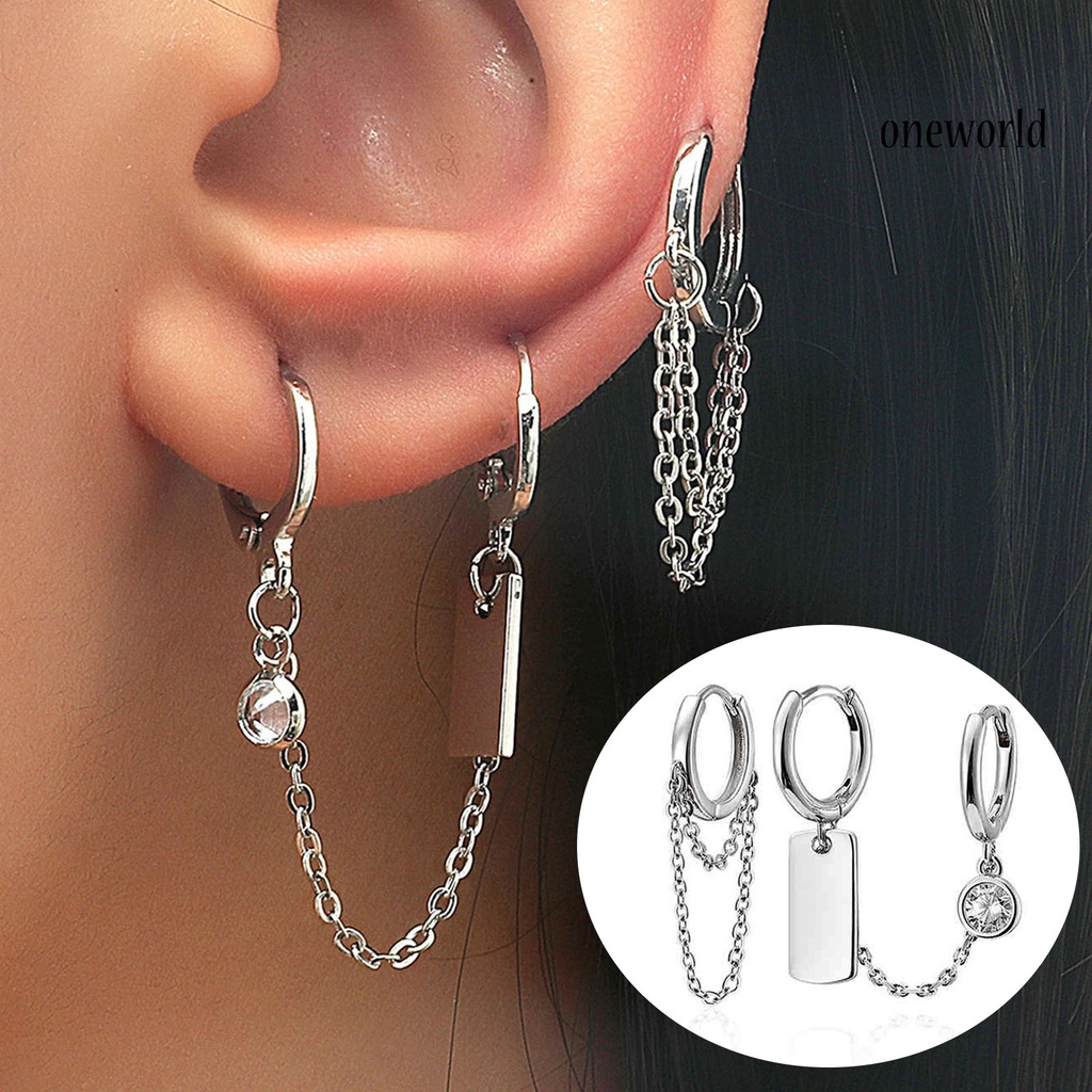 OW# 2Pcs/Set Chain Pendant Circle Alloy Piercing Asymmetric Ear Clips Hoop Earrings for Daily Life