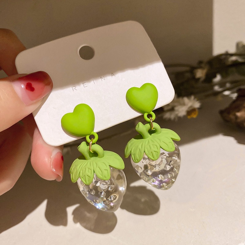 Korea 925 Silver Fashion Exaggerated Personality Green Love Strawberry Fresh and Sweet Earrings