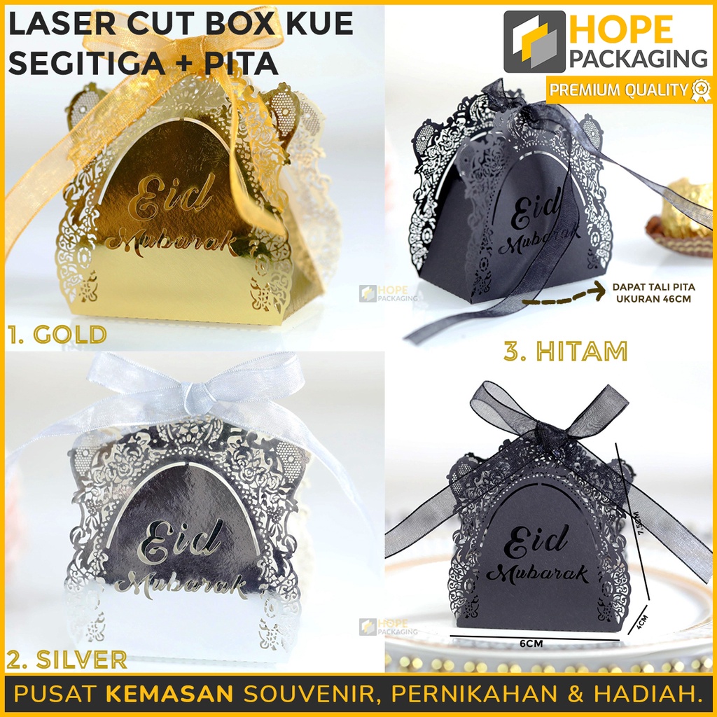 

Kemasan Kotak Lasercut Box Kue Segitiga + Pita Box Eid Mubarak Uk Kecil