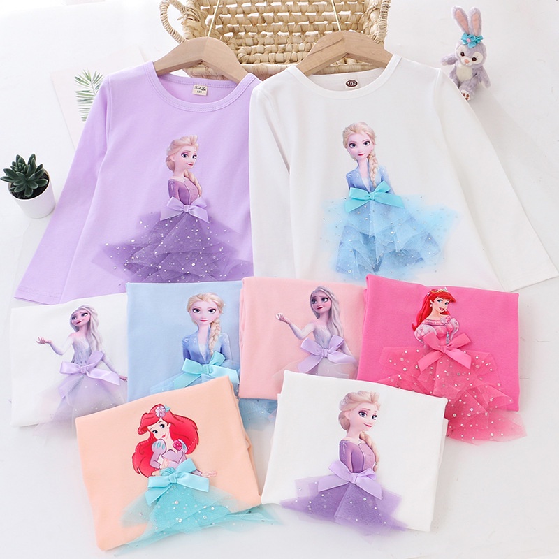 Atasan Frozen Elsa Anak Perempuan Katun Lengan Panjang Motif Kartun Karakter Import Grosir