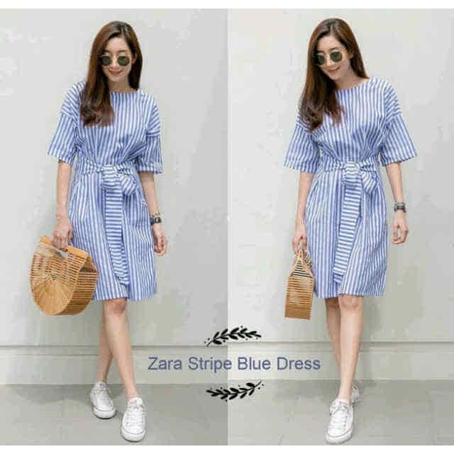 J42Y4 PAKAIAN WANITA HOODIE DRESS CEWEK FASHION KEKINIAN CASUAL   FS 856 ZARA STRIPE BLUE DRESS KAT