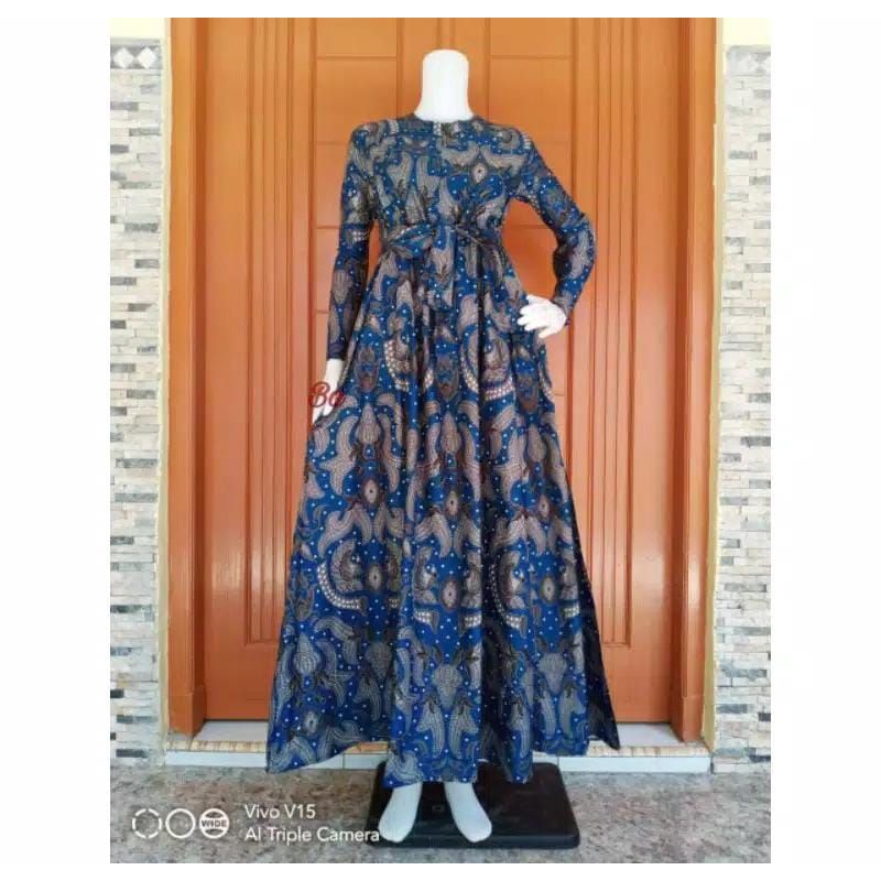 MS GAMIS BATIK FASHION SRIWEDARI MAXI BUMIL/BUSUI BUSANA MUSLIM TERMURAH SHOPEE-Mutiara biru