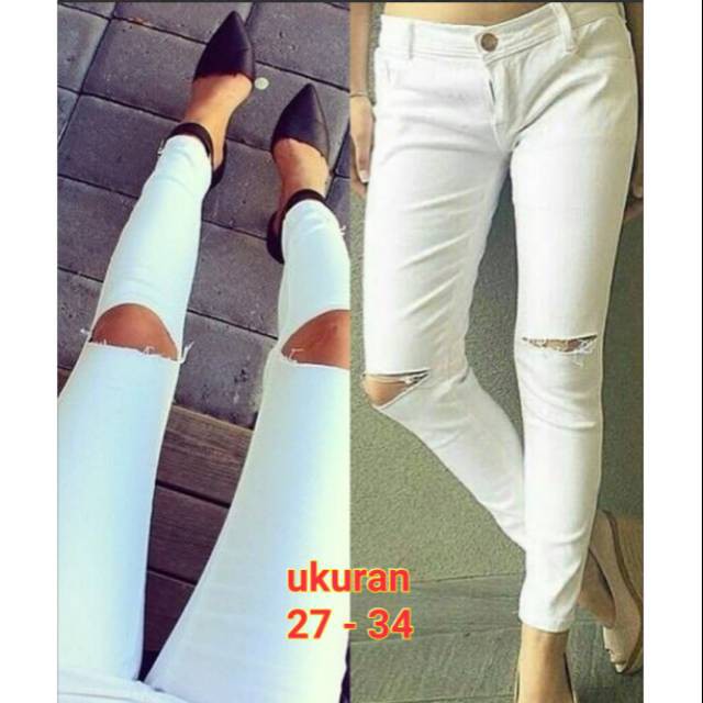 Celana Panjang Wanita Sobek Lutut Putih . Ripped Knee Putih . Celana Panjang Wanita Putih