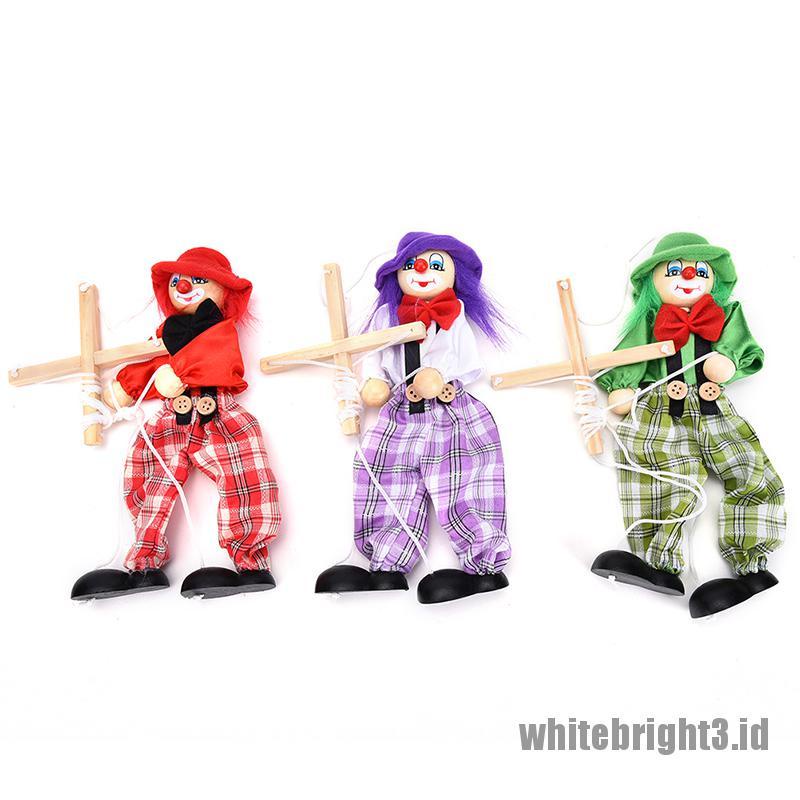 (white3) 1pc Boneka Badut Marionette Kayu Dengan Tali Penarik