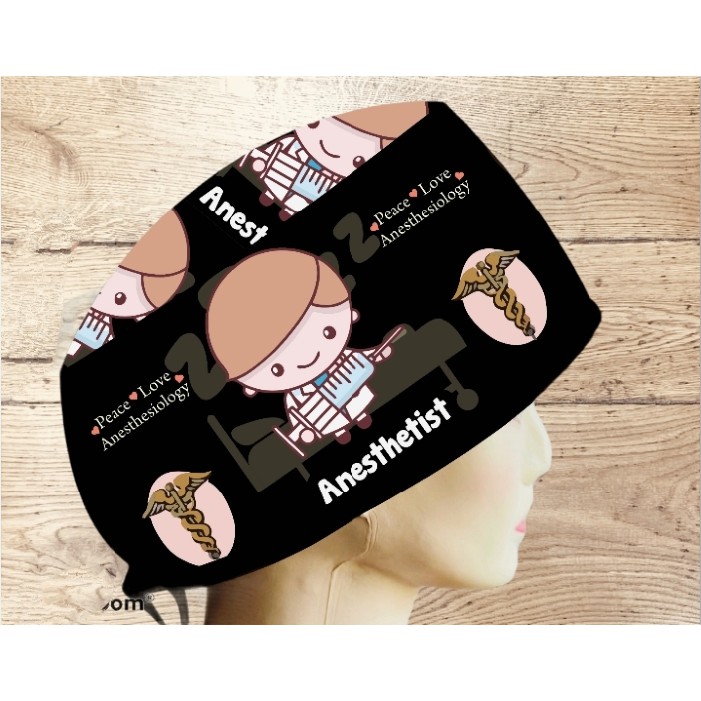 Topi Medis / Scrub Hat / Surgical Cap Printing Motif Anesthesi